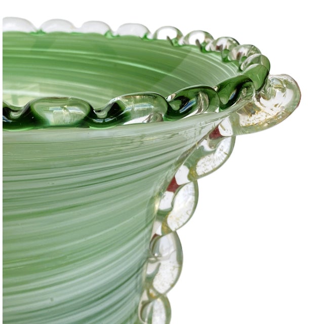Murano Vintage Murano Green Swirl Hand-Blown Glass Vase With Clear Rigaree Beading, Italy, C. 1980s For Sale - Image 4 of 14