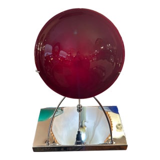 Italian Red Hand Blown Convex Disk and Chrome Frame Tabletop Lamp For Sale