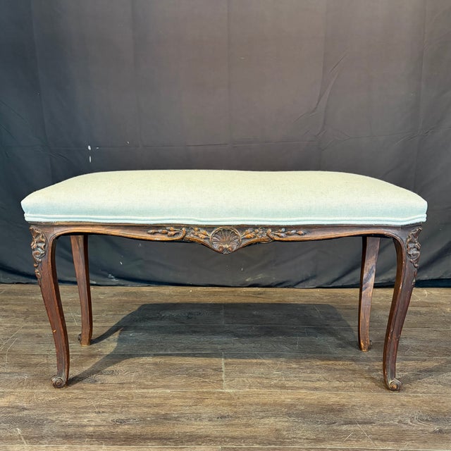 Wood Antique French Louis XV Carved Walnut Bench With New Linen Upholstery For Sale - Image 7 of 10