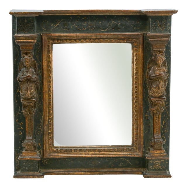 Italian Giltwood and Painted Wall Mirror with Caryatid Side Columns, 1780s For Sale