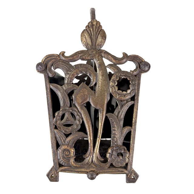 Black Antique 1920s Art Deco Magazine Rack W/ Constructivist Style Geometric Motif & Ornate Cast Iron Gazelle End Panels For Sale - Image 8 of 18