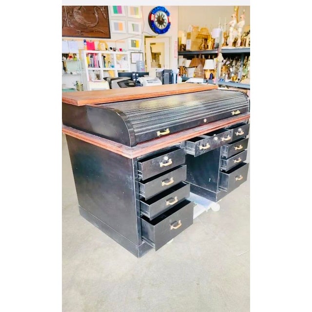 Metal 1950s Industrial Roll-Top Metal Tanker Desk With Brass Detailing For Sale - Image 7 of 7