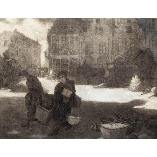 François Pycke, Market Day, Sluizeken Square, Ghent, Belgium, 20th Century, Engraving, Framed For Sale - Image 10 of 10