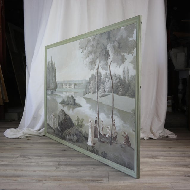 A grand neoclassical-style painting depicting an idyllic countryside with elegantly dressed figures, lush greenery, and a...