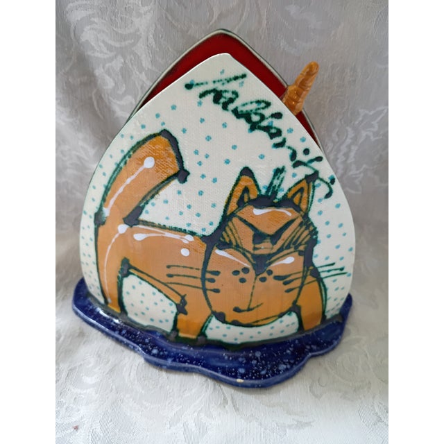 Vintage Signed "Kálmánia" Hand-Painted Ceramic Cat Napkin Holder – Whimsical Folk Art For Sale In Tampa - Image 6 of 7