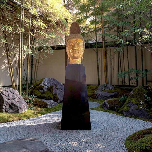 A monumental Thai-style Buddha head sculpture presented on a lacquered pedestal, executed as a contemporary architectural-...