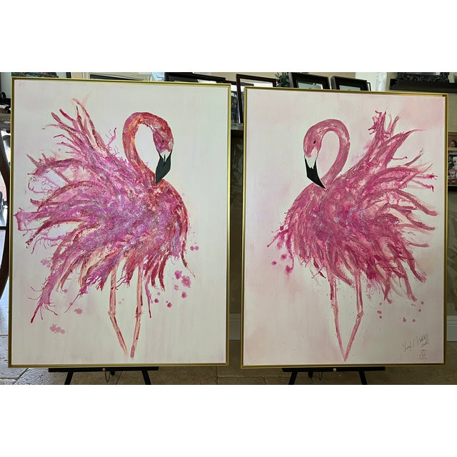 Twin Palm Beach Flamingos - Designed by Cheryl P. Kohloff For Sale - Image 4 of 8