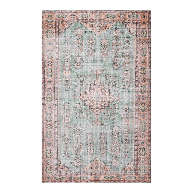 1970s Vintage Handmade Wool Cotton Green Area Rug For Sale