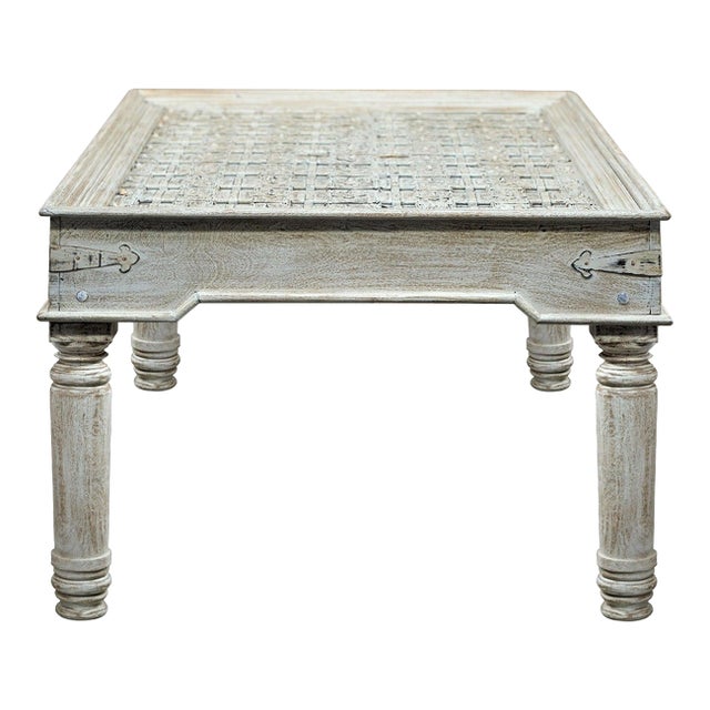 Vintage Farmhouse Style Distressed White Antique Door Repurposed 79" Long Dining Table For Sale