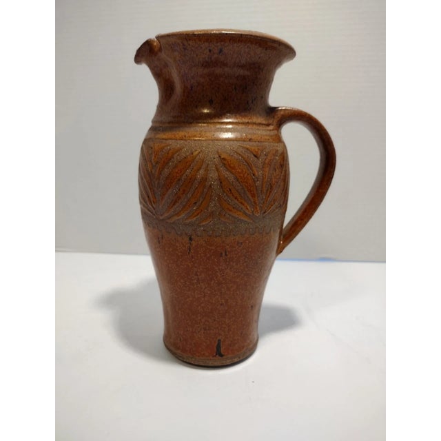 Studio Pottery Pitcher With Incised Leaf Decoration and a Speckled Glaze For Sale - Image 4 of 10