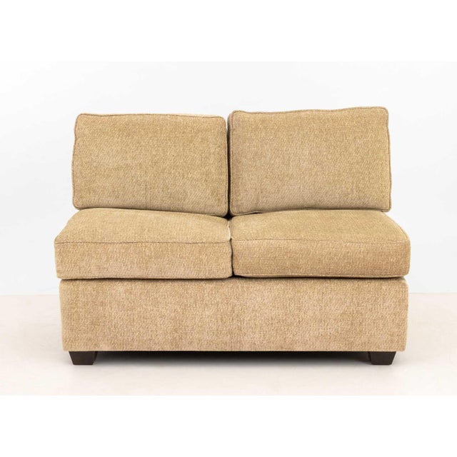 Modern Beige Chenille Upholstered Banquette. Overall: 34" H x 48.5" W x 27" D; seat: 19" H. Provenance: From a 45 East...