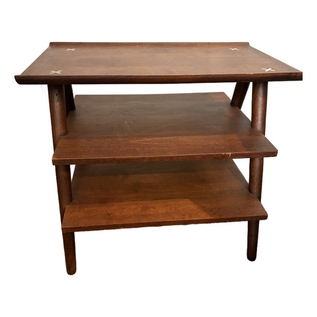Rare MCM Merton Gershun for American of Martinsville Walnut Side Table With Shelves and Aluminum Stars For Sale