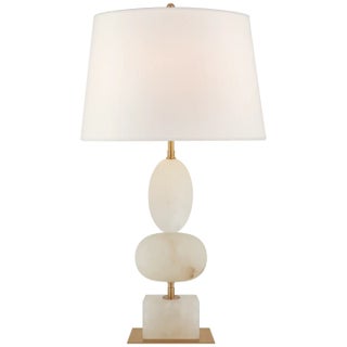 Thomas O'Brien by Visual Comfort Signature Dani Medium Cordless Table Lamp in Alabaster with Linen Shade For Sale