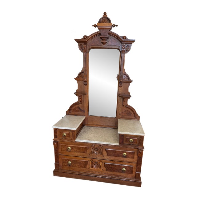 Victorian Eastlake Marble Top and Burlwood Drop Well Dresser For Sale