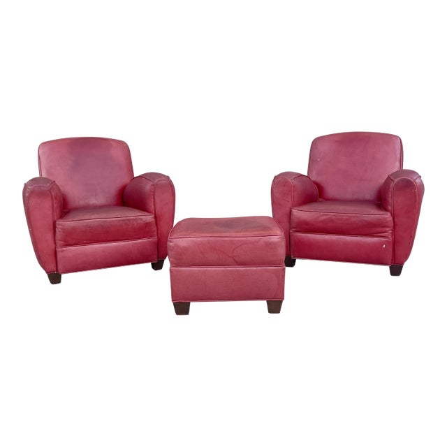 Vintage Leather Lounge Chairs & Ottoman Set, 3 Pieces For Sale