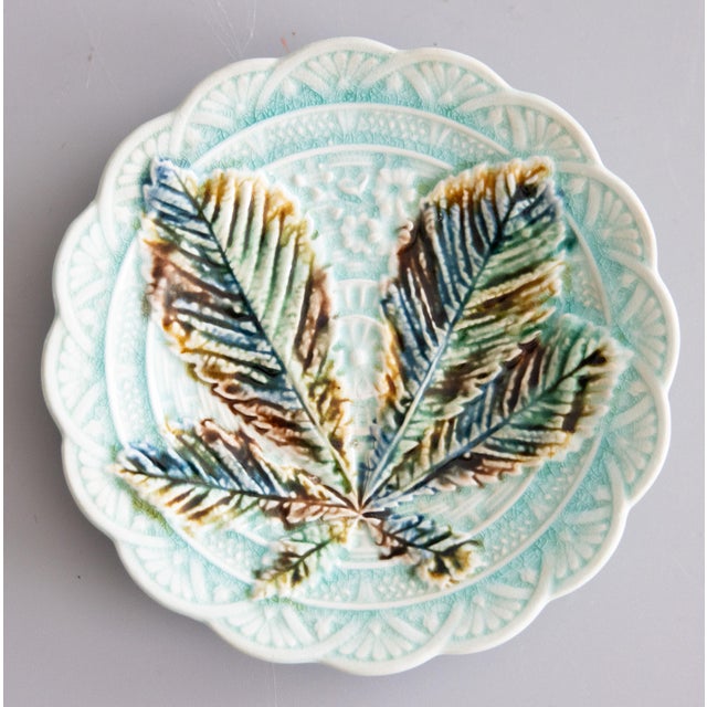 19th Century Swedish Rörstrand Majolica Turquoise Chestnut Leaf Plate For Sale In Houston - Image 6 of 6
