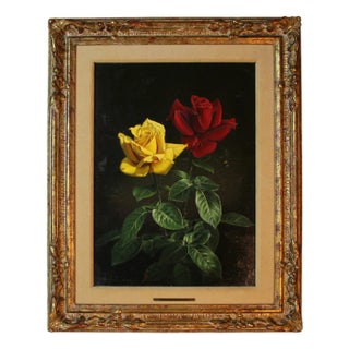 Wolfgang Grünberg, Two Roses with Bumblebee, 1960s, Oil on Canvas, Framed For Sale