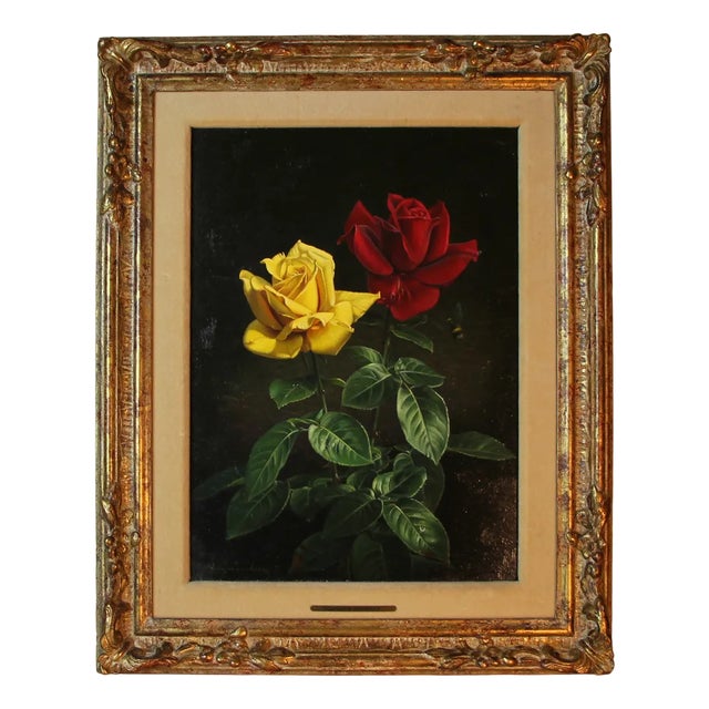 Wolfgang Grünberg, Two Roses with Bumblebee, 1960s, Oil on Canvas, Framed For Sale
