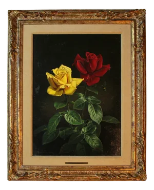 Wolfgang Grünberg, Two Roses with Bumblebee, 1960s, Oil on Canvas, Framed