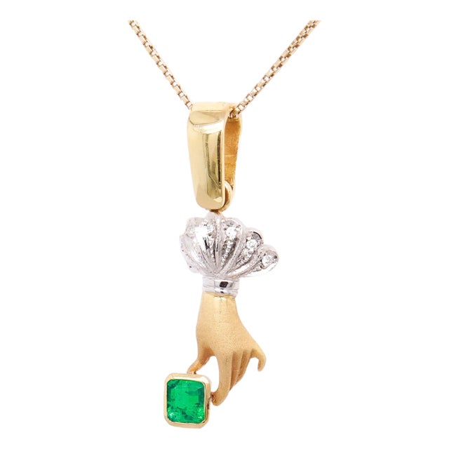 Vintage 18k Yellow & White Gold, Emerald, and Diamond Figural Hand Pendant For Sale