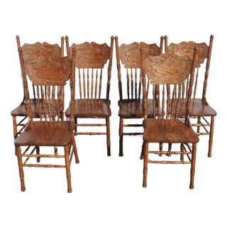 Set of Six Vintage Oak Pressback Dining Room Chairs ~ French Country 2of 2 For Sale