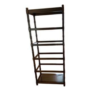 1970s Wood Etagere With Glass Shelves and a Cane Bottom Shelf For Sale