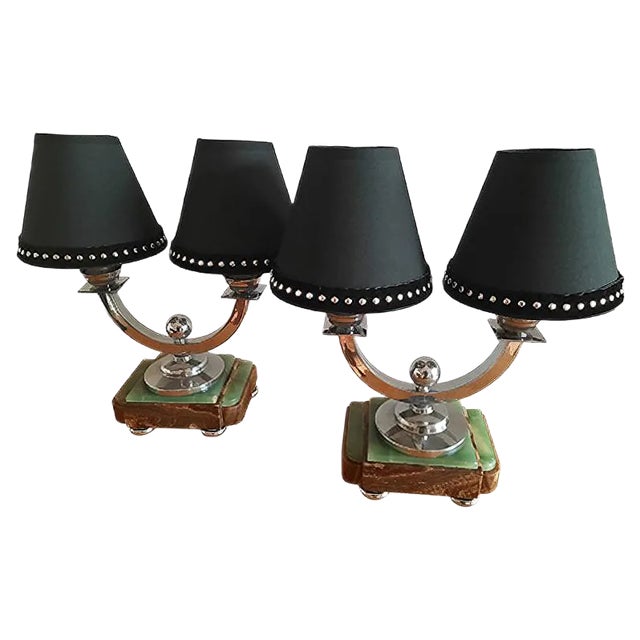 Art Deco Onyx & Chrome-Plated Brass Table Lamps, 1930s, Set of 2 For Sale
