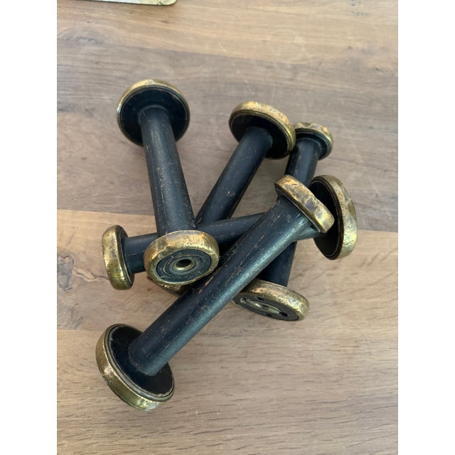 Early 21st Century Set of Five Vintage, Brass Bound and Black Wood Bobbins For Sale - Image 5 of 11