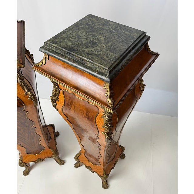 Pair of Mid-20th Century French Rococo Style Marquetry & Ormolu Pedestals With Green Marble Tops For Sale - Image 9 of 16