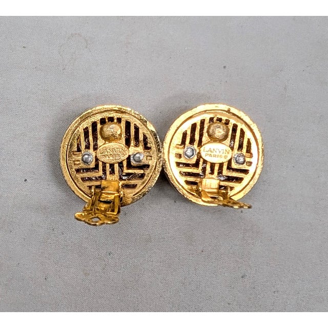 1980s Vintage 1980s Signed Lanvin Paris Goldtone & Rhodium Plated Round Domed Clip Earrings-2 Pieces For Sale - Image 5 of 7