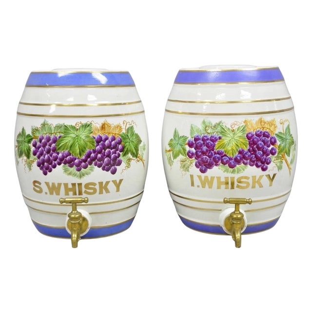 Antique Loftus London English Victorian Porcelain Spirits Whisky Barrels - Pair For Sale