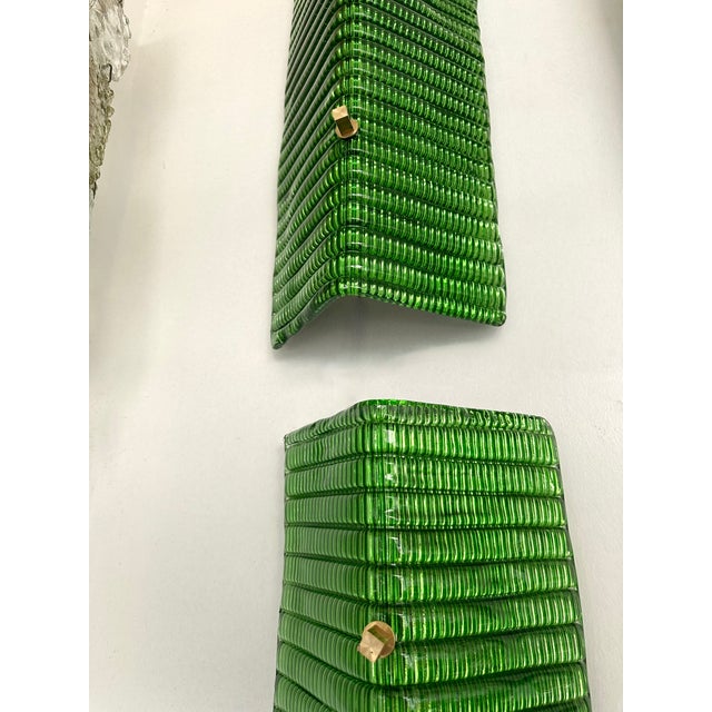 Contemporary Pair of Brass and Green Folded Leaf Murano Glass Sconces, Italy For Sale - Image 10 of 12