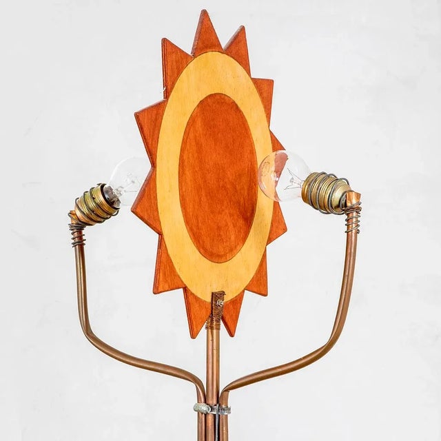 Wood and Brass Floor Lamp with Sun and Moon-Shaped Diffusers in the Style of Cordon Tones, 1980s For Sale - Image 4 of 8