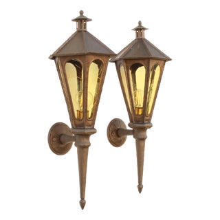 Vintage Art Deco Wall Lanterns in Wrought Copper, 1930s, Set of 2 For Sale