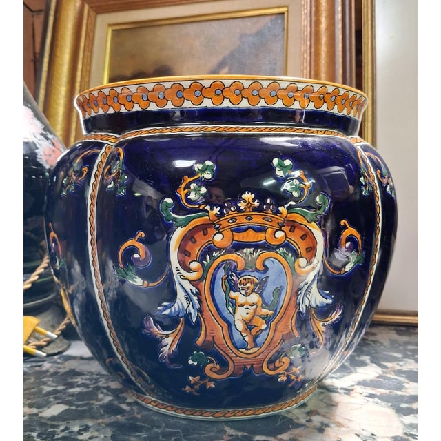 Renaissance Style Glazed Earthenware Cachepot with Heraldic Decoration from Gien For Sale - Image 5 of 8