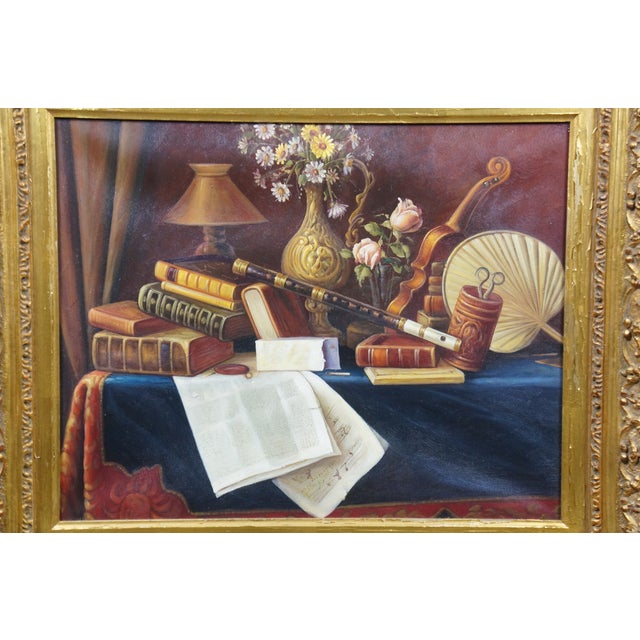 Late 20th Century Ease Still Life Oil Painting After William Michael Harnett Music Instrument's For Sale - Image 6 of 11