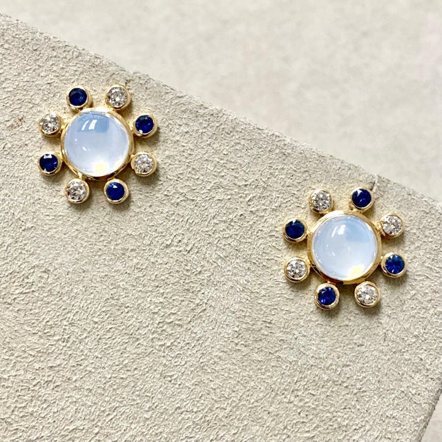 Contemporary Syna Moon Quartz Yellow Gold Earrings with Sapphires and Diamonds, a Pair For Sale - Image 3 of 5