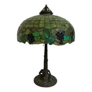 Early 20th Century Tree Trunk Lamp Base With Grape Leaded Shade