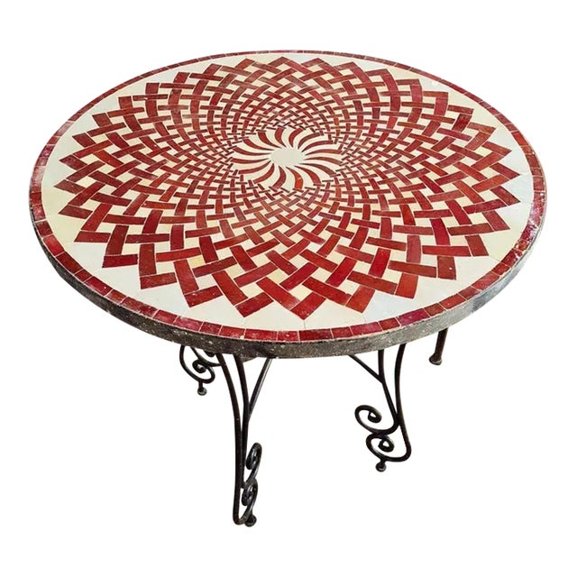 Round Red Striped Fractal Mosaic Table Moroccan Decor Art For Sale