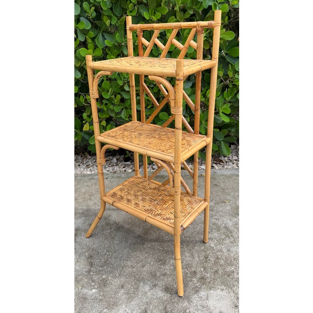 Hollywood Regency Vintage Fretwork Bamboo & Rattan Étagère For Sale - Image 3 of 12