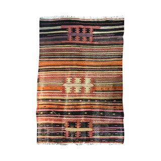 Pastel Pink Red Purple Blue Green Late 19th Century Antique Turkish Oushak Striped Rug With Fringe - 4′5″ × 7′6″ For Sale