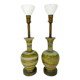 Massive Danish Modern Green Earth Tone Studio Pottery Lamps With Globes - a Pair For Sale