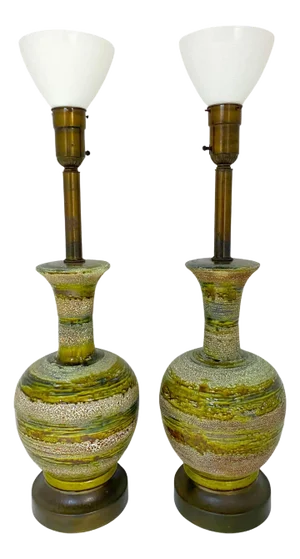 Massive Danish Modern Green Earth Tone Studio Pottery Lamps With Globes - a Pair