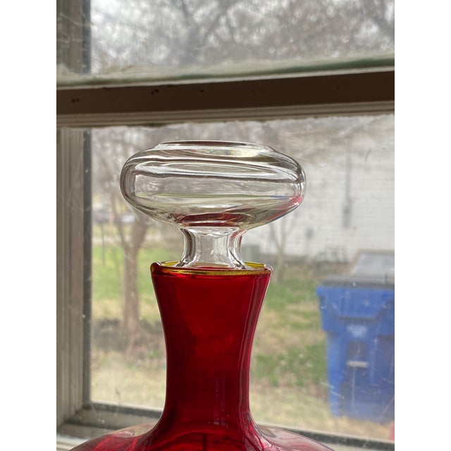 Contemporary Vintage Ruby Red Flask Crystal Clear Stopper Amberina Rim Decorative Color For Sale - Image 3 of 5