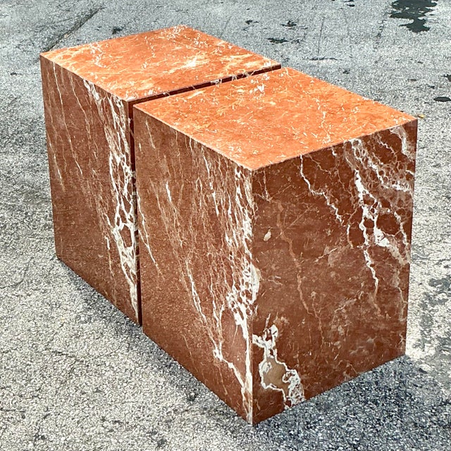 Late 20th Century Vintage Boho Marble Pedestals - a Pair For Sale - Image 5 of 8