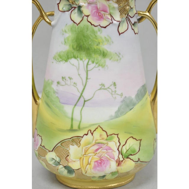 Antique Nippon Hand Painted Porcelain Twin Handle Vase W /Flowers & Lake Scene For Sale - Image 9 of 15