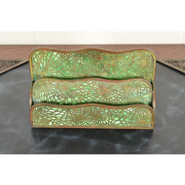 Art Deco Tiffany Studios New York Pine Needle Bronze and Favrile Slag Glass Letter Rack For Sale - Image 3 of 11