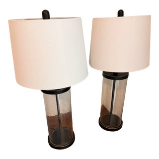 1990s Organic Modern Seeded Glass and Matte Black Table Lamps With Linen Drum Shades Included - Pair For Sale