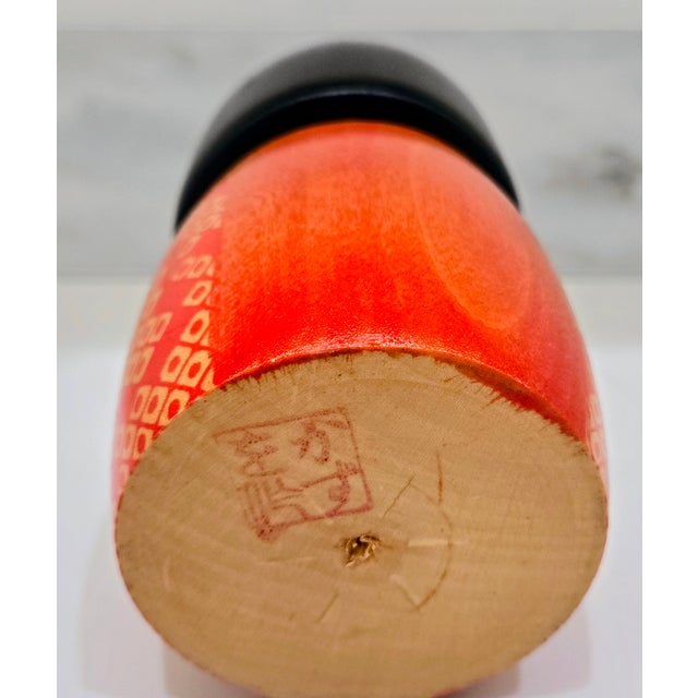 Orange Vintage Sosaku Japanese Kokeshi Doll, Signed, Orange Geometric Kimono For Sale - Image 8 of 9
