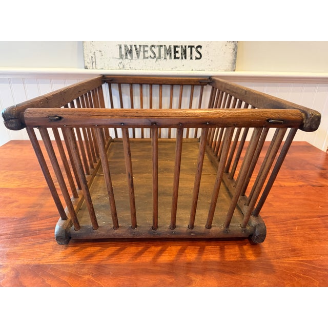 Large Antique Oak Slat Market Basket | Primitive General Store Produce Display Crate | Mission Style Farmhouse Storage For Sale - Image 11 of 17